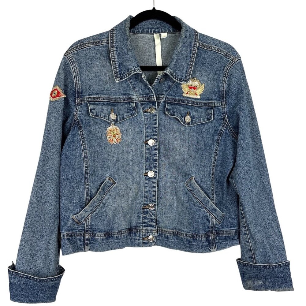 Debra deRoo Embellished Denim Jacket Women’s Large Patch Detail Crown Crest VTG
